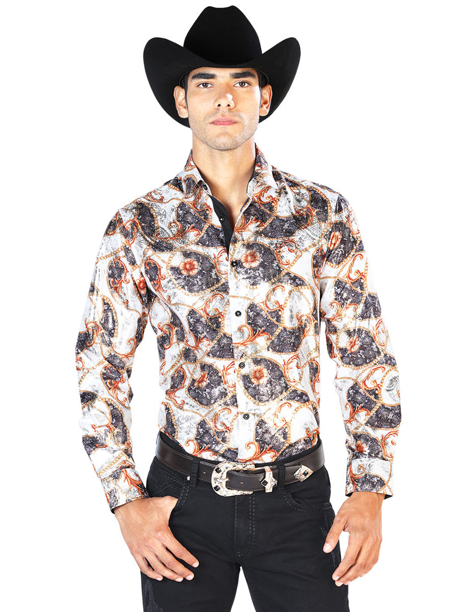Camisa informal de manga larga en blanco roto y dorado 43566