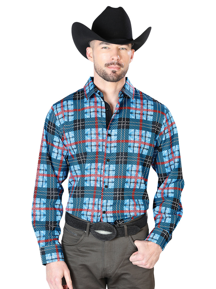 Camisa informal de manga larga azul y cuadros 43690