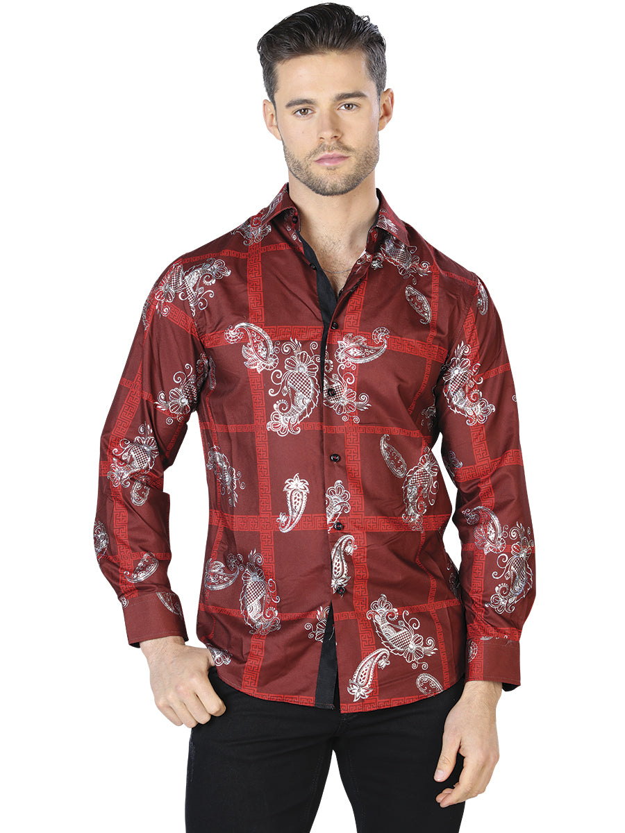 Camisa informal de manga larga color vino y plata 44027