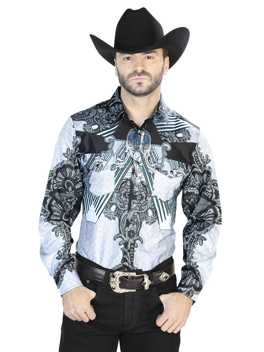 Camisa informal de manga larga negra y gris 44095