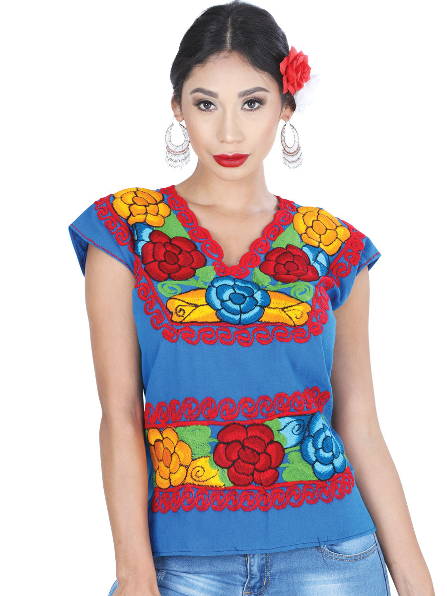 Blusa Bordada Artesanal 100% Algodón Azul 601413