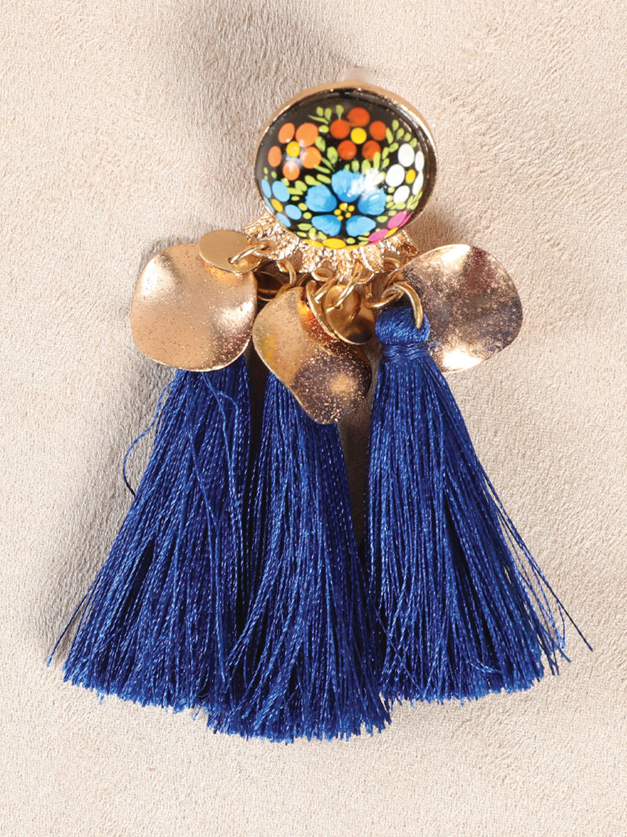 Artisanal Hand Painted Earrings Wood-Silk Thread Royal Blue 602155