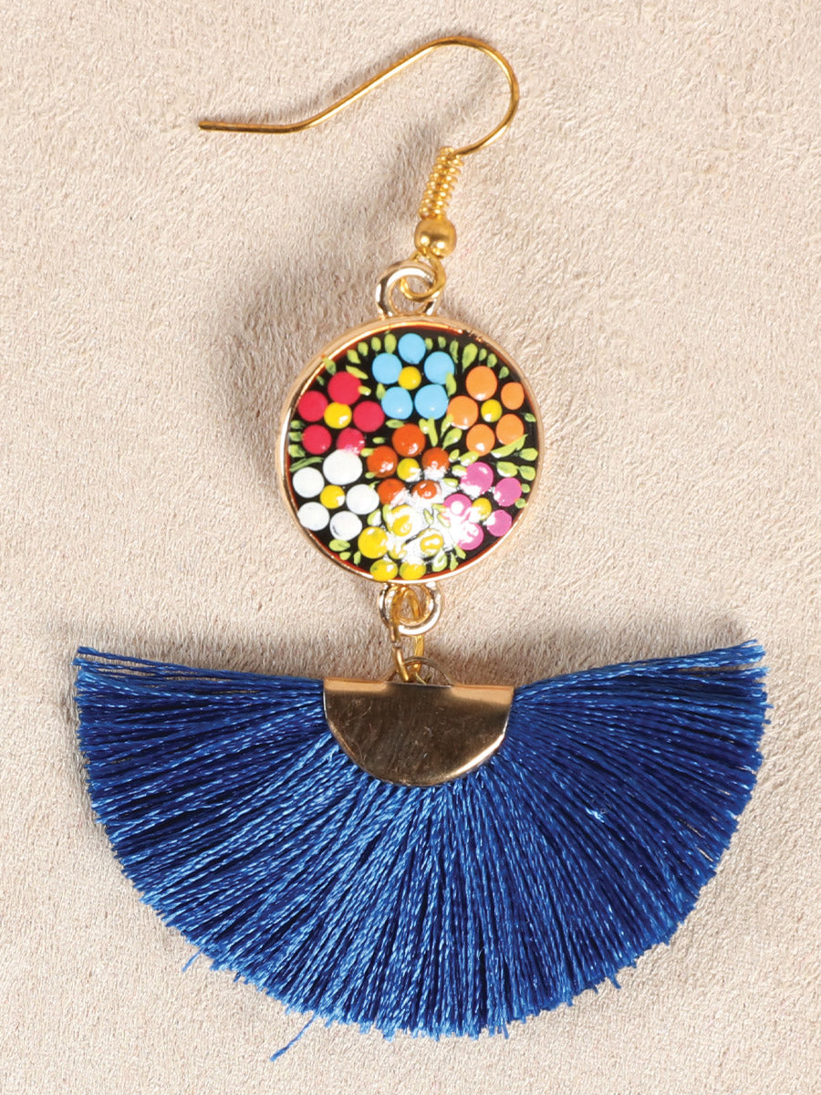 Artisanal Hand Painted Earrings Wood-Silk Thread Royal Blue 602179