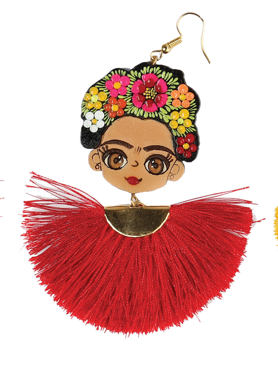 Pendientes artesanales pintados a mano en hilo de madera y seda rojo 602990