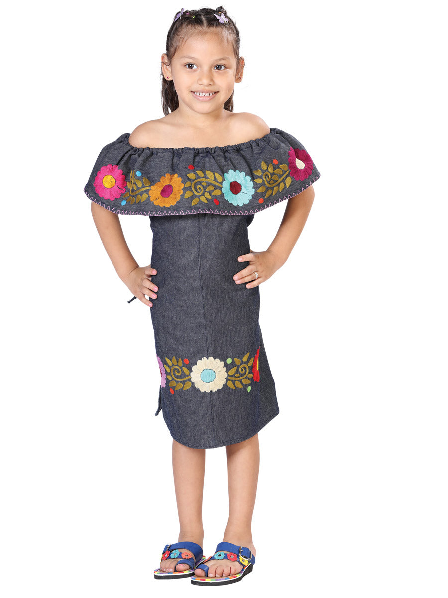 Vestido Bordado Artesanal 100% Algodón Azul Denim 603271