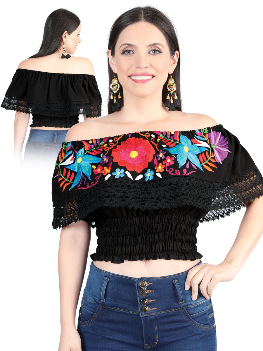 Artisanal Embroidered Blouse 100% Cotton Black 603982