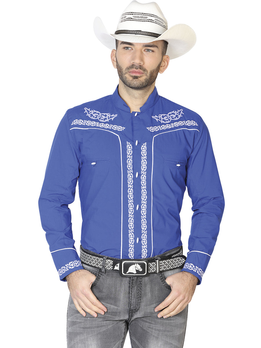 Mens El Señor de los Cielos Charro Embroidery Shirt Royal  Blue/White 42878