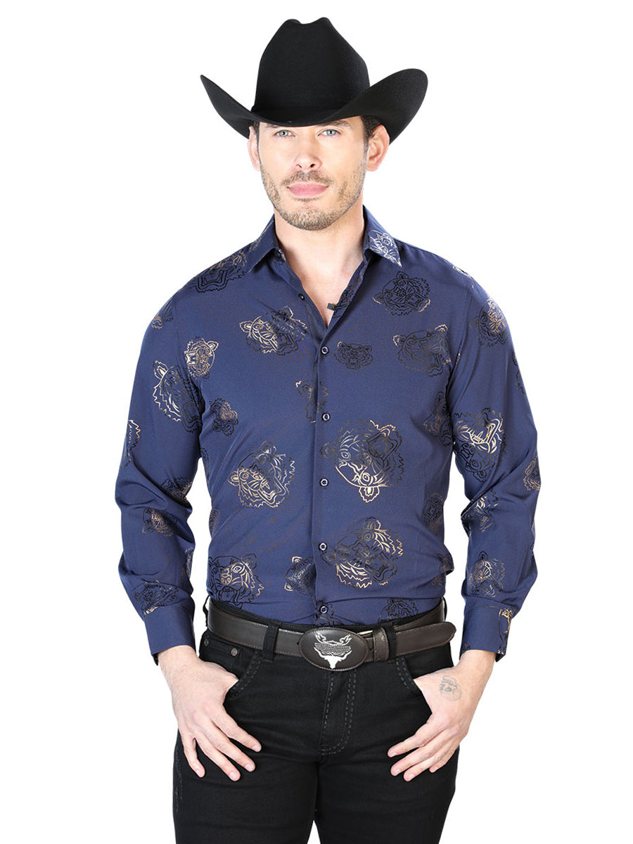 Camisa informal de manga larga azul marino 43843
