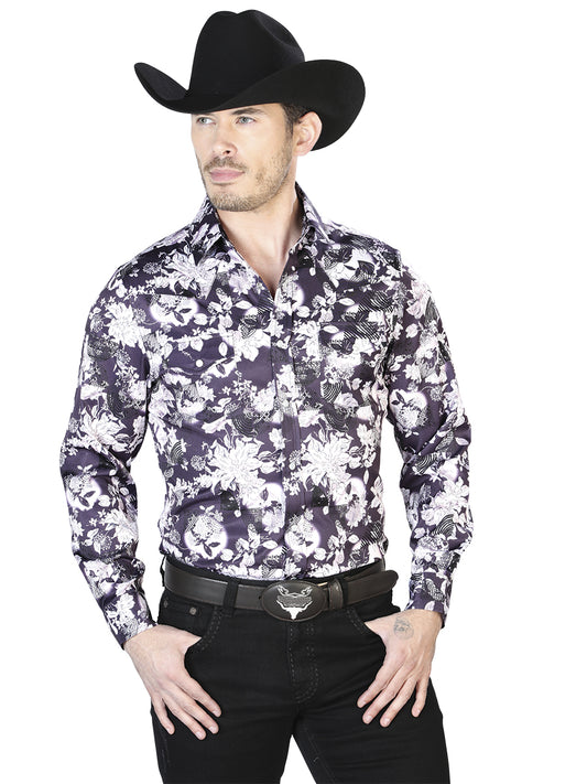 Camisa de manga larga con estampado de flores moradas 43948