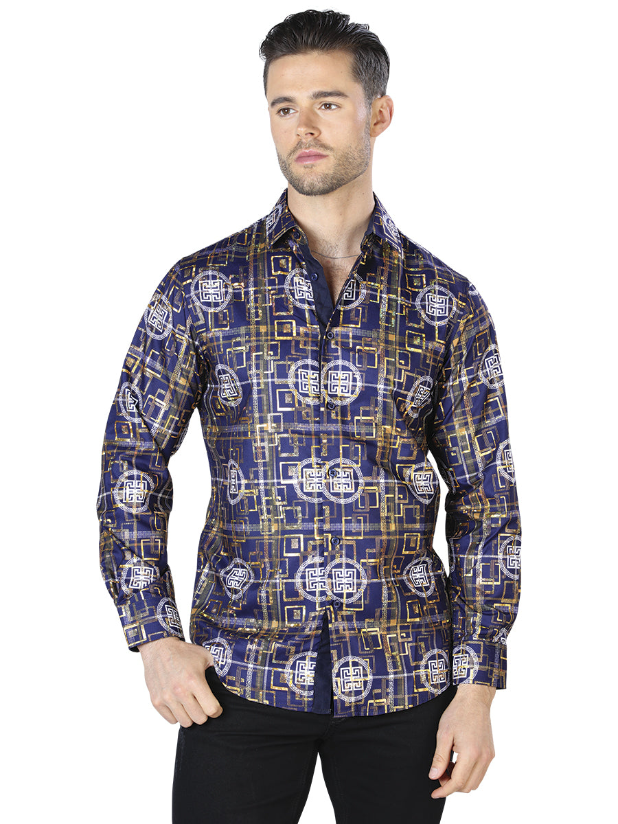 Camisa informal de manga larga azul marino y dorada 44014