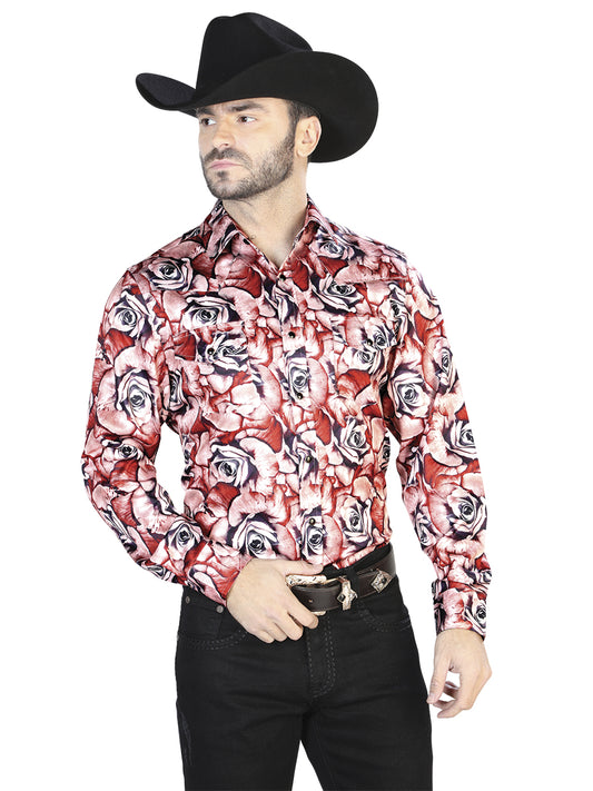 Camisa informal de manga larga roja con rosas 44068