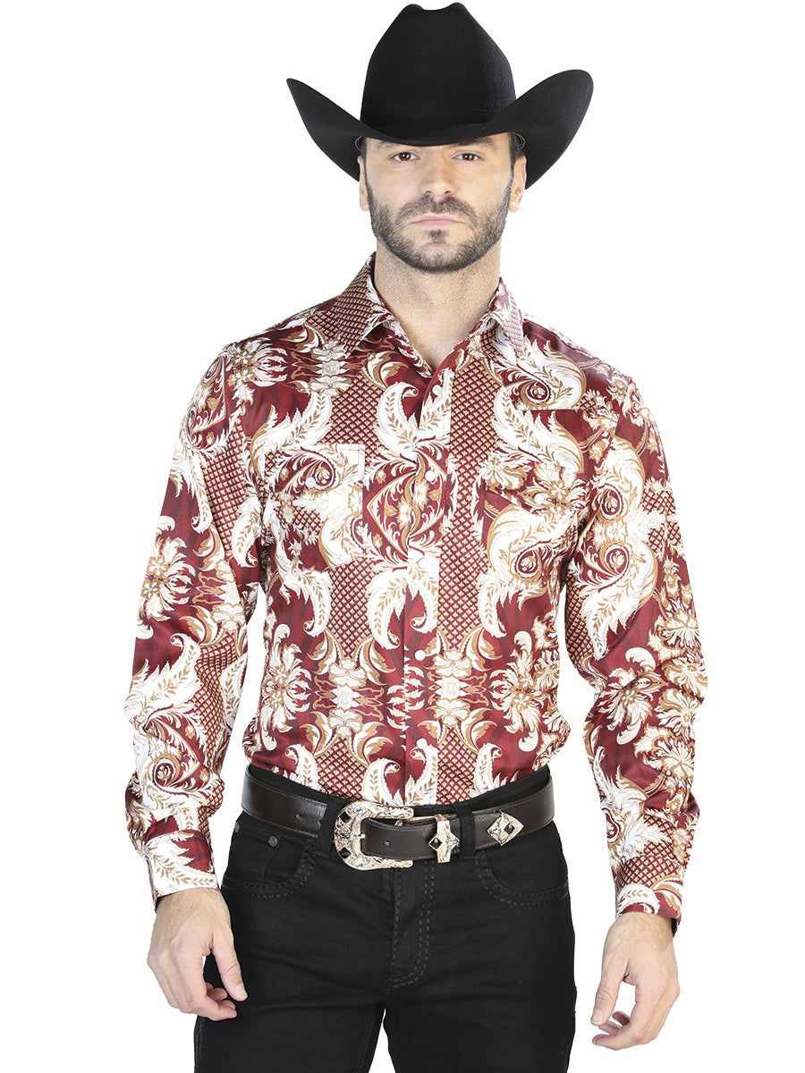 Camisa informal de manga larga burdeos y dorada 44071
