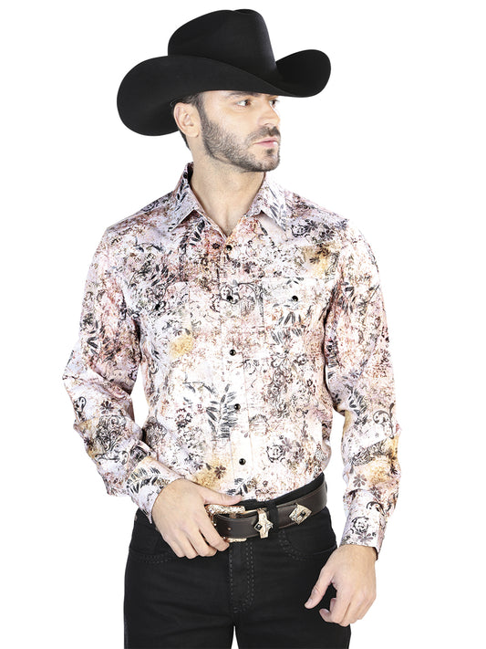 Camisa informal de manga larga blanca y marrón 44093