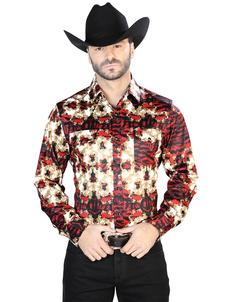 Camisa informal de manga larga burdeos y dorada 44103