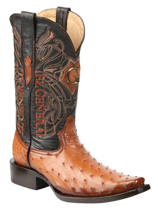 El General Men's Exotic Ostrich Leather Cowboy Boots - Cognac  45077