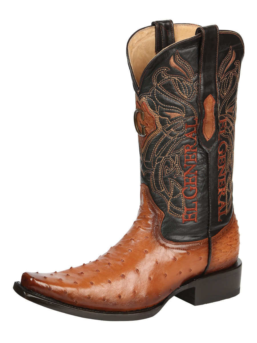 El General Men's Exotic Ostrich Leather Cowboy Boots - Cognac  45077