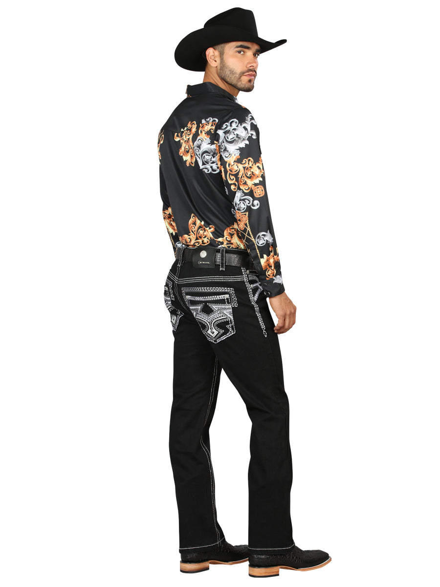 Pantalón vaquero negro Centenario para hombre con detalles bordados en blanco y gris 45310