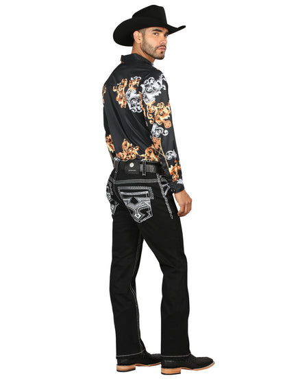 Pantalón vaquero negro Centenario para hombre con detalles bordados en blanco y gris 45310