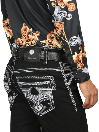 Pantalón vaquero negro Centenario para hombre con detalles bordados en blanco y gris 45310