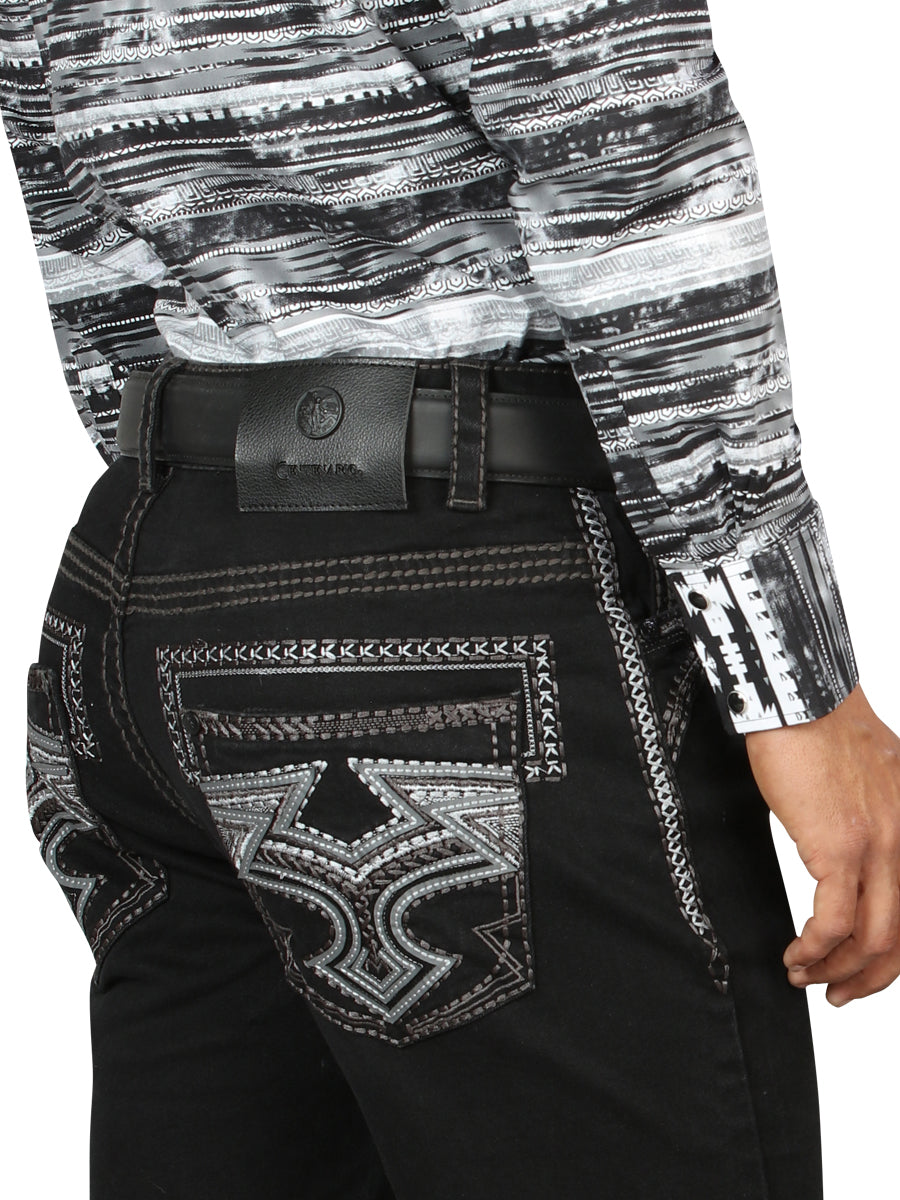 Pantalón vaquero negro Centenario para hombre con detalles bordados en gris 45311