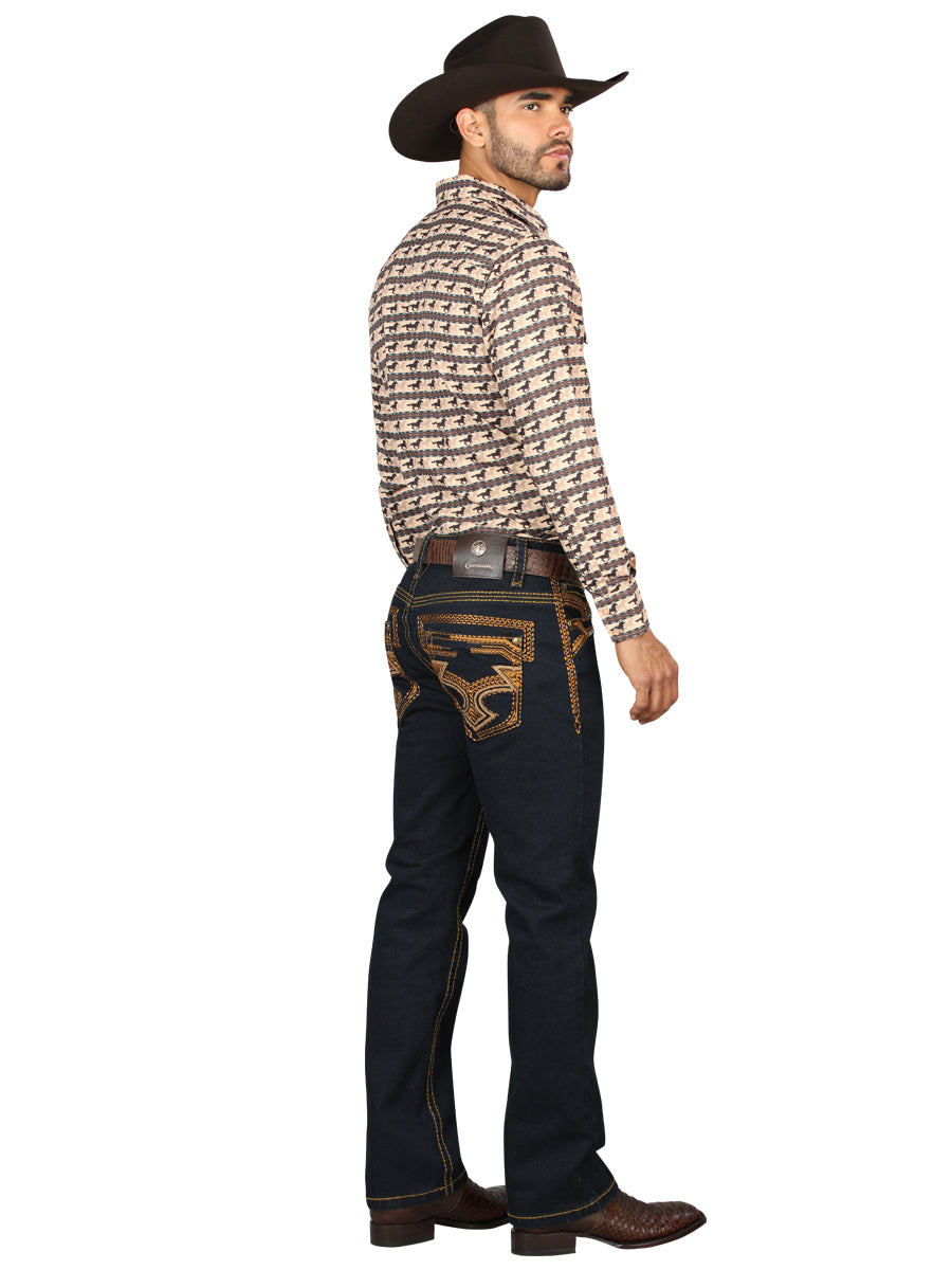 Pantalón vaquero Centenario azul lavado con detalles bordados en dorado para hombre 45313