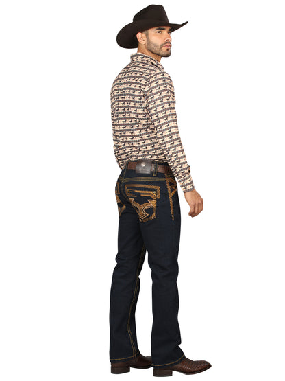 Pantalón vaquero Centenario azul lavado con detalles bordados en dorado para hombre 45313