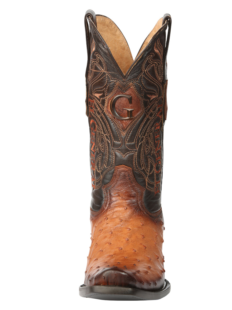El General Men's Exotic Ostrich Leather Cowboy Boots - Cognac  45517