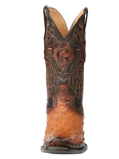 El General Men's Exotic Ostrich Leather Cowboy Boots - Cognac  45517