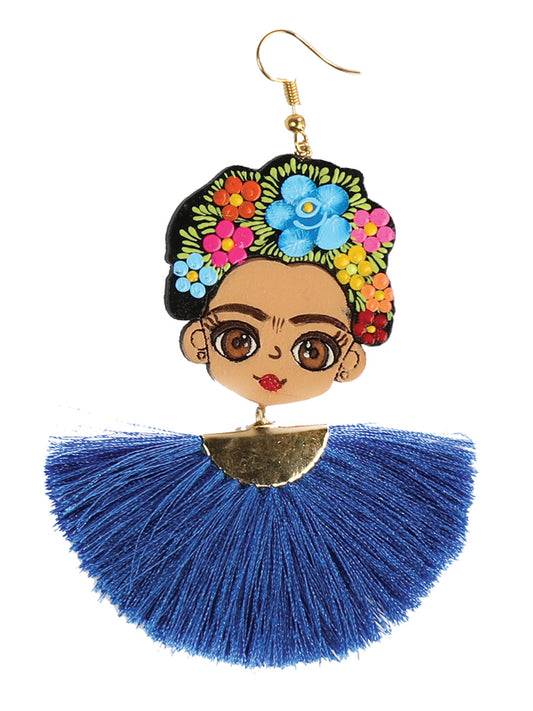 Pendientes artesanales pintados a mano en hilo de madera y seda azul rey 602988