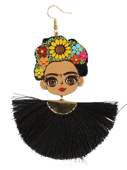 Pendientes artesanales pintados a mano en hilo de madera y seda negro 602989