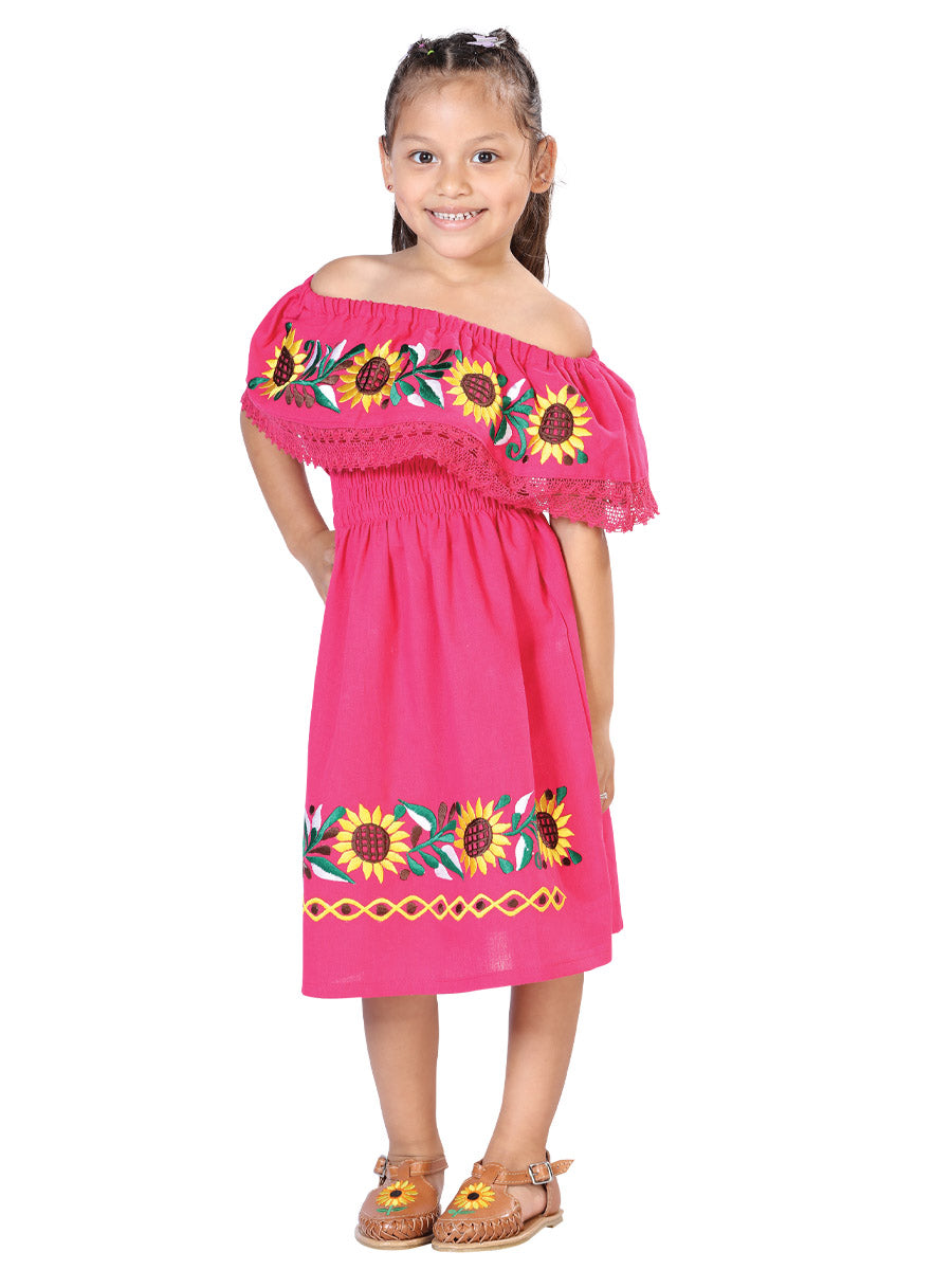 Vestido Bordado Artesanal 100% Algodón Fucsia 603084