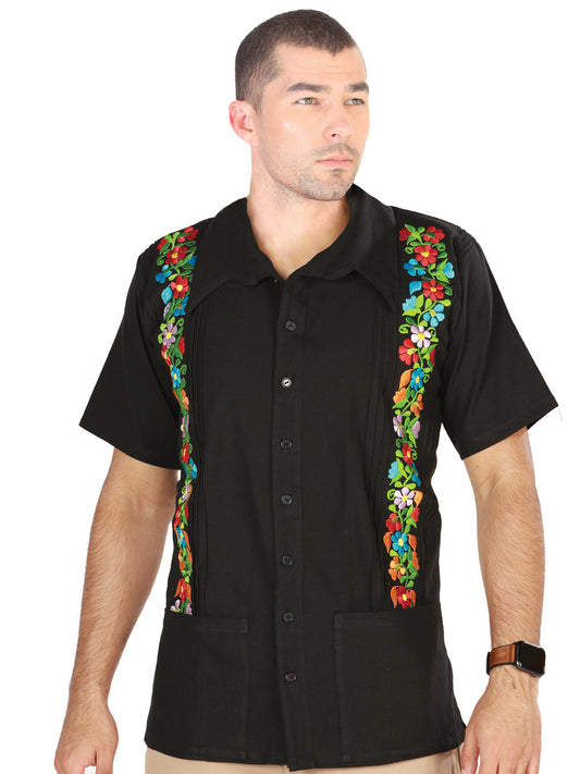 Mexican Embroidered Guayabera 100% Cotton Black 603113