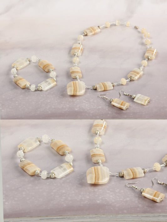 Conjunto Artesanal de Aretes, Collar y Pulsera de Piedra Ónix Natural/Caramelo 603144