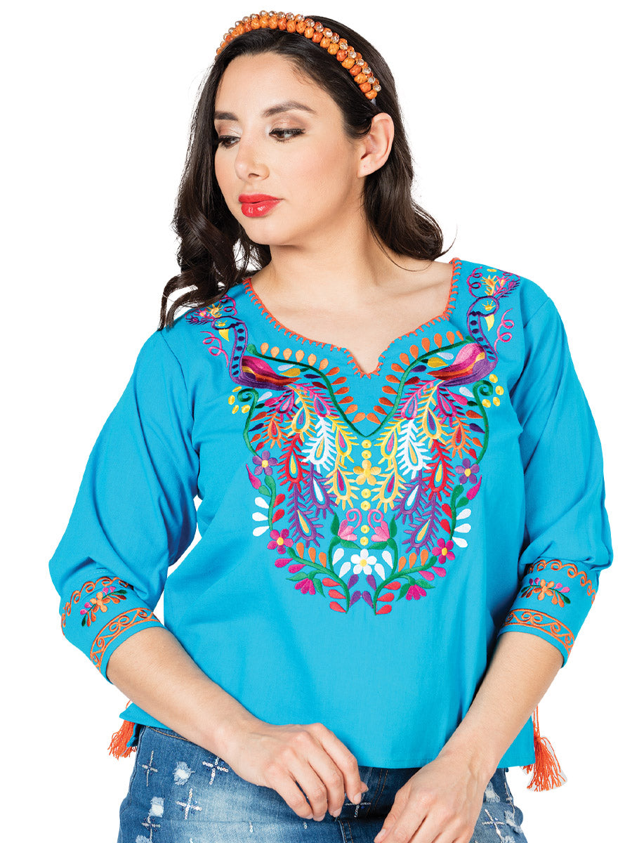 Blusa Bordada Artesanal 100% Algodón Azul 603181