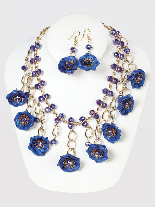 Conjunto Artesanal de Aretes y Collar de Hilo de Seda y Palma Azul Rey 603224