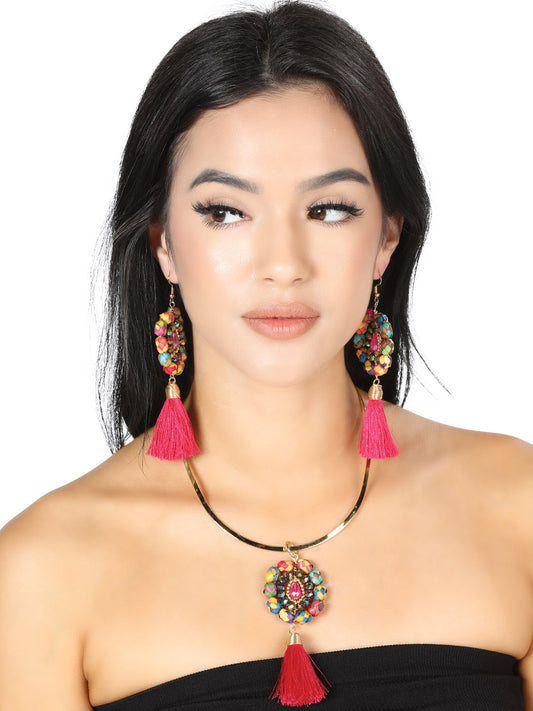 Conjunto Artesanal Aretes-Collar Palma-Hilo de Seda Fucsia 603231