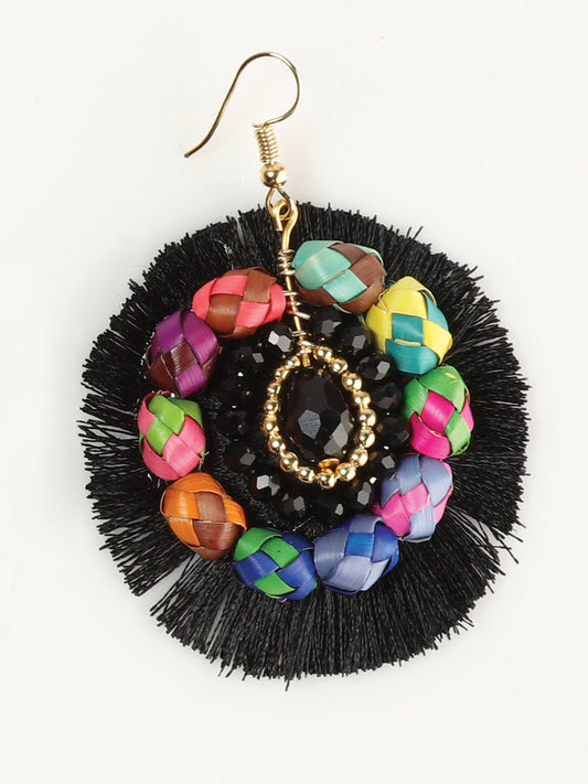 Pendientes artesanales hechos a mano de hilo de palma y seda negro 603248