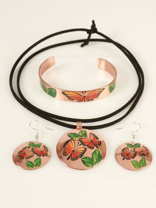Conjunto de aretes, collar y pulsera artesanales pintados a mano en cobre 603403