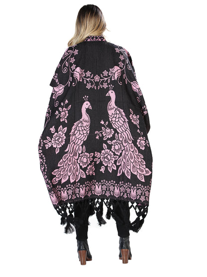 Poncho Mexicano Artesanal 92% Acrílico, 8% Poliéster Negro/Rosa 603832