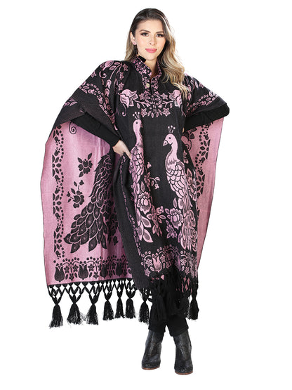 Poncho Mexicano Artesanal 92% Acrílico, 8% Poliéster Negro/Rosa 603832