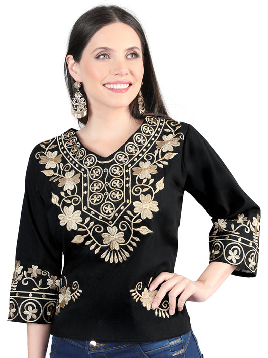 Blusa Bordada Artesanal 100% Algodón Negra 603962