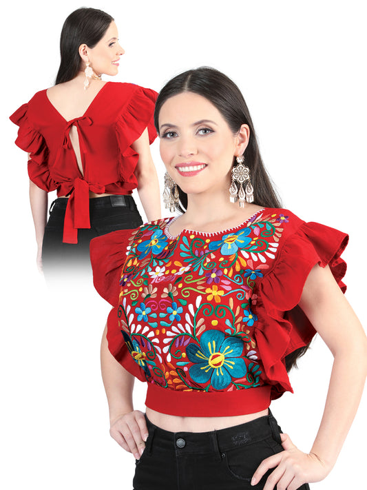 Artisanal Embroidered Blouse 100% Cotton Red 603987