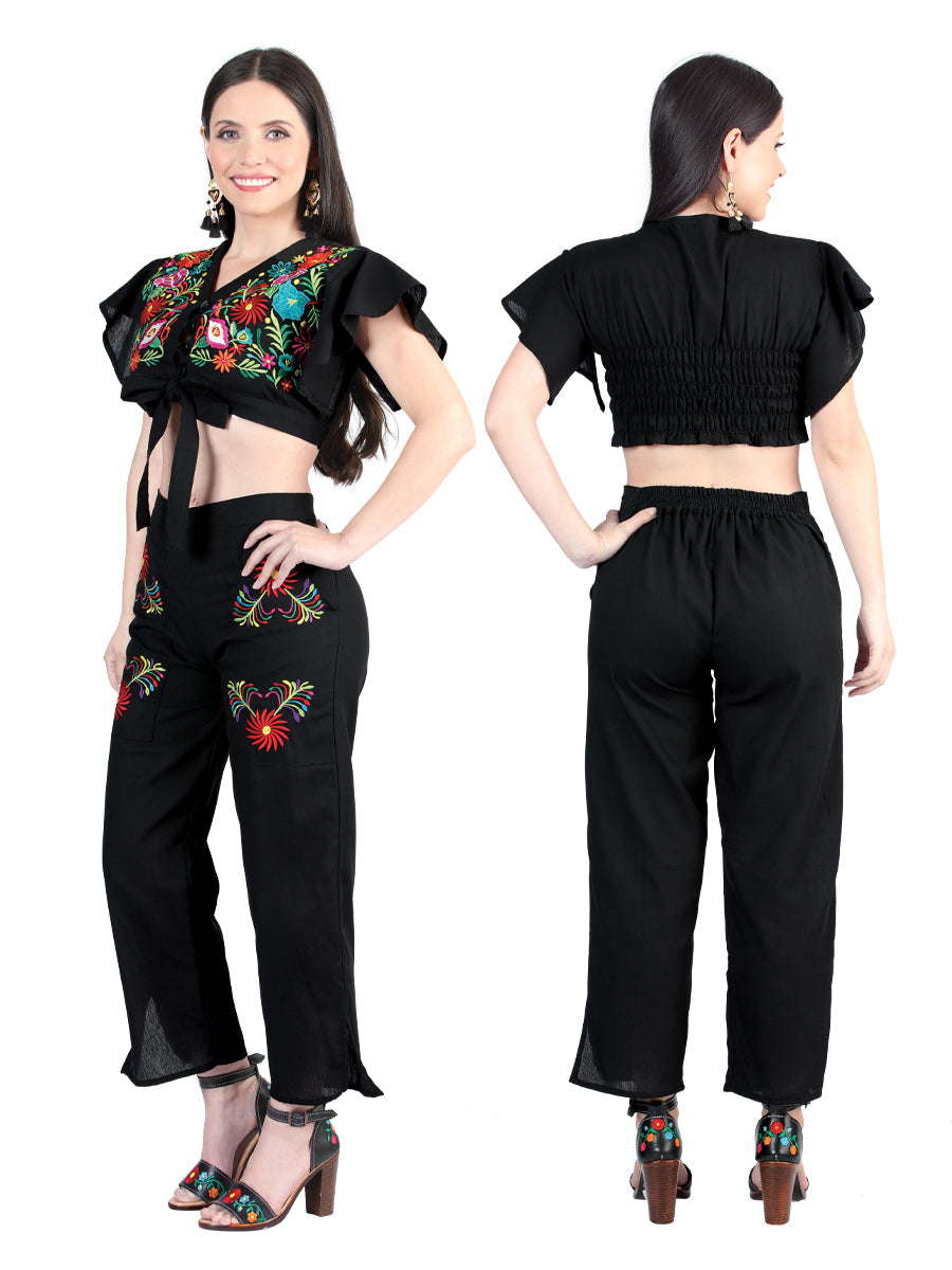 Conjunto Bordado Artesanal 100% Algodón Negro 603996