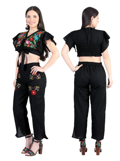 Conjunto Bordado Artesanal 100% Algodón Negro 603996