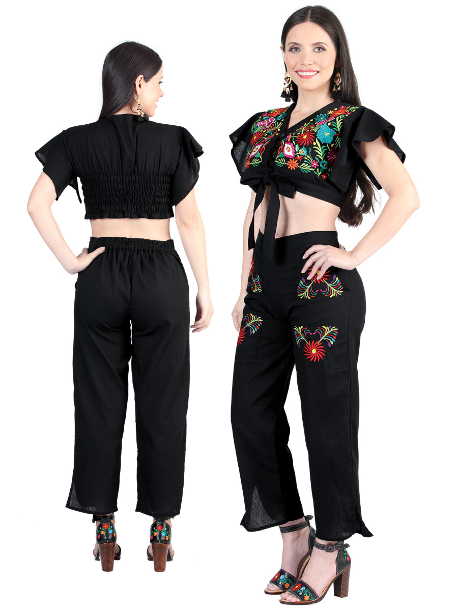 Conjunto Bordado Artesanal 100% Algodón Negro 603996