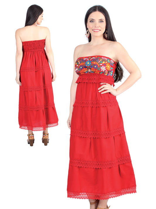 Artisanal Embroidered Dress 100% Cotton Red 604001
