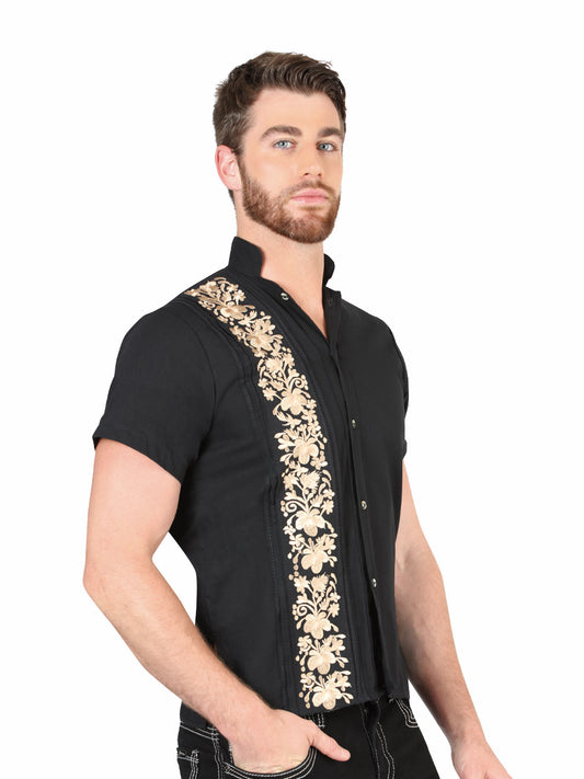 Mexican Embroidered Guayabera 100% Cotton Black 604003