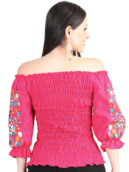 Artisanal Embroidered Blouse 100% Cotton Fuchsia 604011