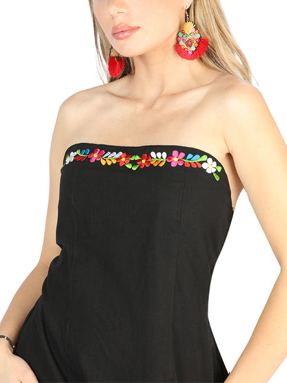 Artisanal Embroidered Dress 100% Cotton Black 604053